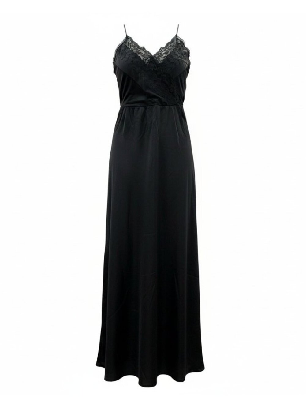 Vintage Private Treasures Black Lace Trim Slip Nightgown Size Medium 1970s